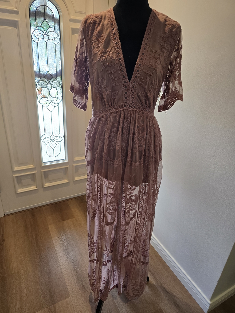 Women's PinkBlush Mauve Lace Mesh Overlay Maxi Dress - Picture 2 of 10